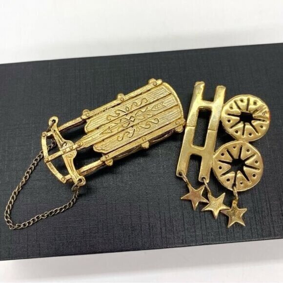 Vintage Jonette Jewelry Gold Tone Sled & Christmas Ho Ho Brooch Set